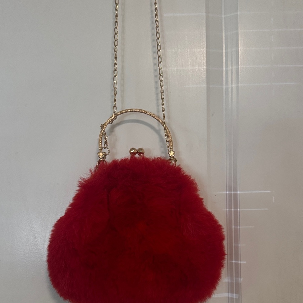 Fashion Bug Red Fur Mini Bag with Gold Chain